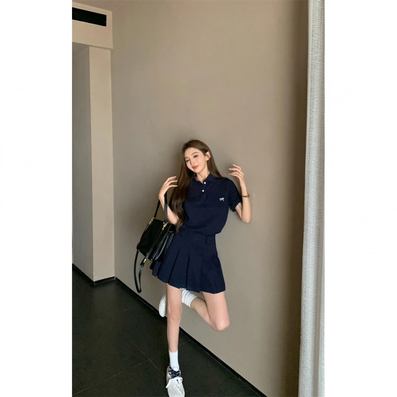 美式复古POLO领短袖T恤上衣女夏季减龄套装高腰百褶半身裙两件套