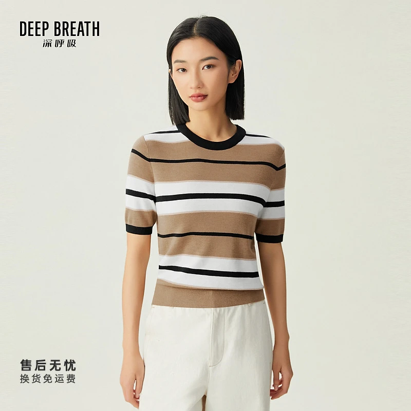 DEEP BREATH深呼吸女装新款时尚条纹绵羊毛短袖拼色针织衫A301314