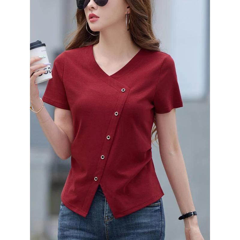 95棉v领t恤女短袖2025夏季新款宽松大红色胖mm大码不规则下摆百