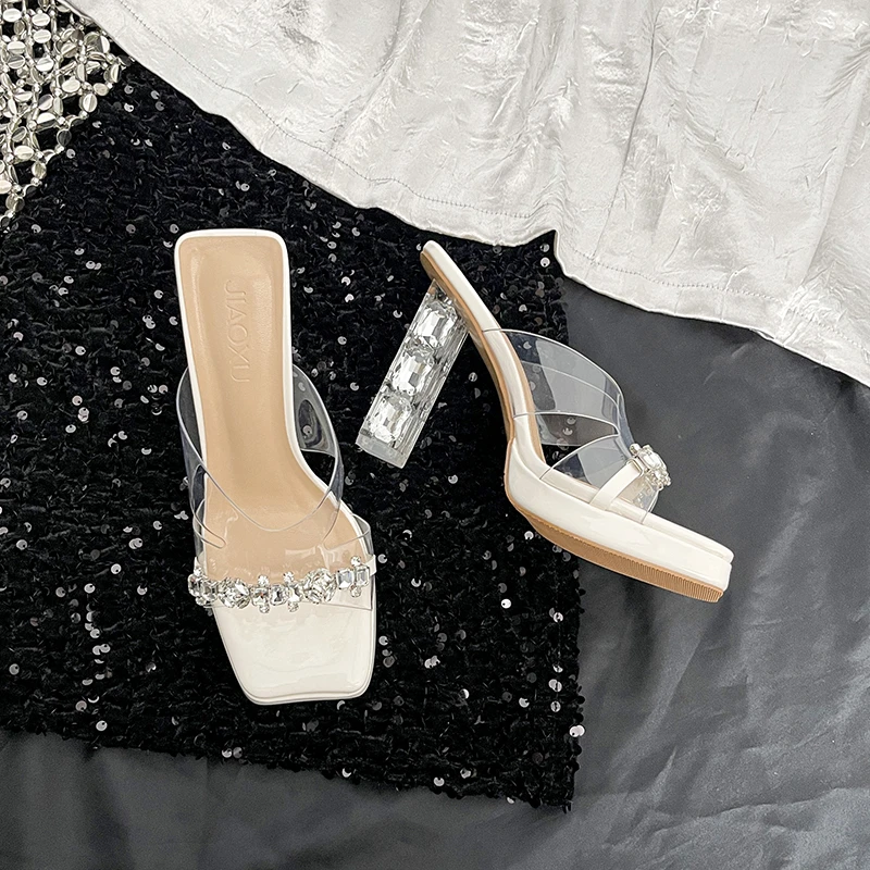 2025年新款高跟水钻夏季高跟性感一字拖粗跟网红时尚外穿凉鞋方头