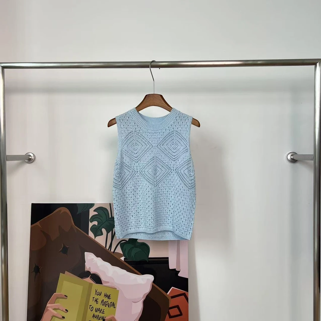 ZIZAI 法式极简风设计感圆领镂空显瘦无袖和纸纱背心05182