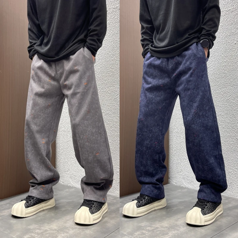 秋冬新款潮流男士破洞休闲卫裤宽松直筒垂感痞帅百搭阔腿弯刀长裤