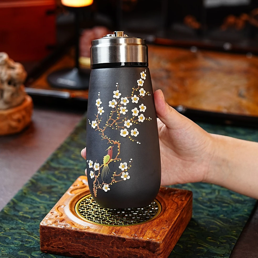 宜兴正宗紫砂石黄喜上眉梢保温杯创意便携带盖车载石黄紫砂茶杯