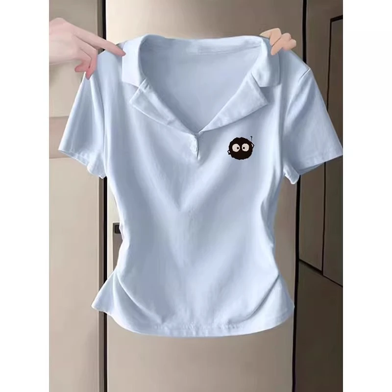 多巴胺穿搭奶蓝色Polo衫短袖t恤女夏季甜辣妹正肩修身上衣设计感