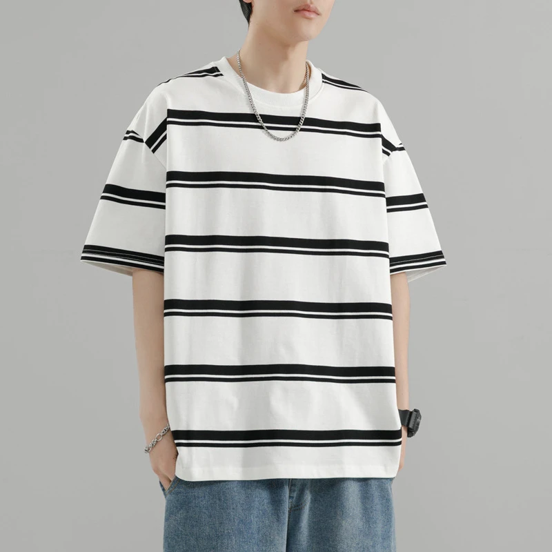夏季条纹t恤男士新款美式潮牌圆领半袖宽松休闲港风短袖衫ins