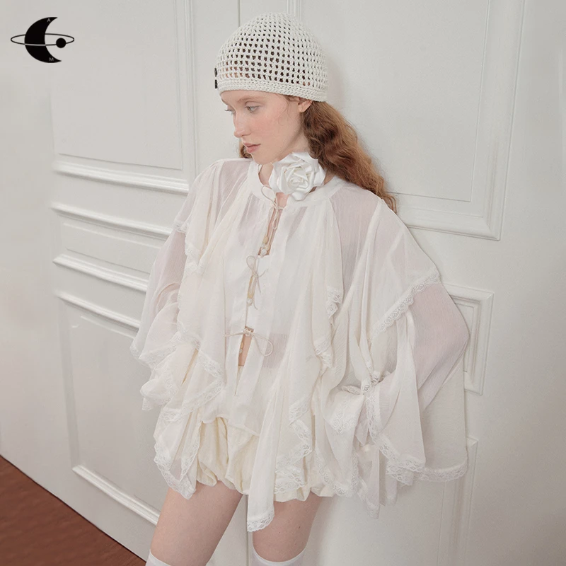 创世纪元【花间蝶梦】白色衬衫外套宽松慵懒风薄款上衣AMW5S080446