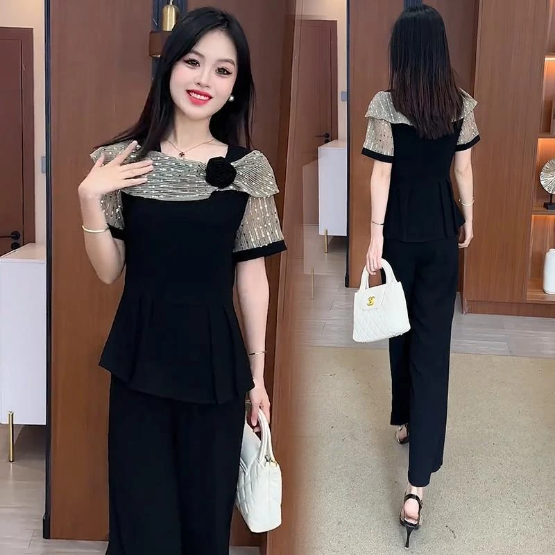 雪纺时尚套装女2025夏季新款洋气显瘦遮肚子短袖阔腿裤休闲两件套
