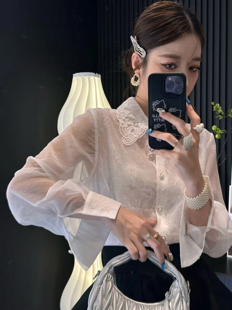 TongTong女系 法式淡花纹蕾丝衬衫 轻薄透气时尚百搭镂空设计