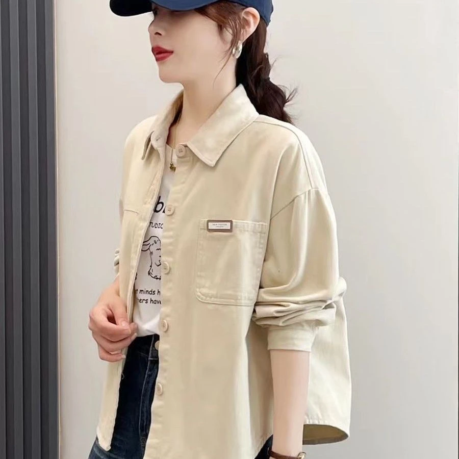 春秋设计感韩版短款极简风简约磨毛通勤女衬衫翻领百搭牛仔纯色