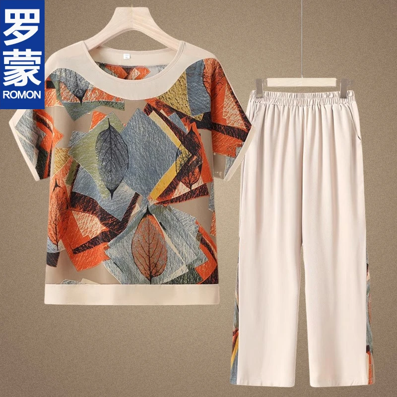 罗蒙品牌妈妈夏装套装新款中老年人女装短袖夏季奶奶冰丝t恤衣服
