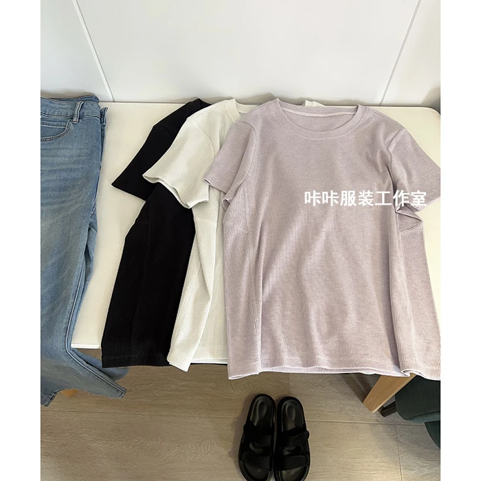 REKAYYAT“诗篇”韩系时尚百搭显瘦纯色洋气圆领银丝短袖T恤