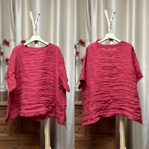 7120亚麻圆领领口缝线净版小衫（衣长60-67，胸围136）