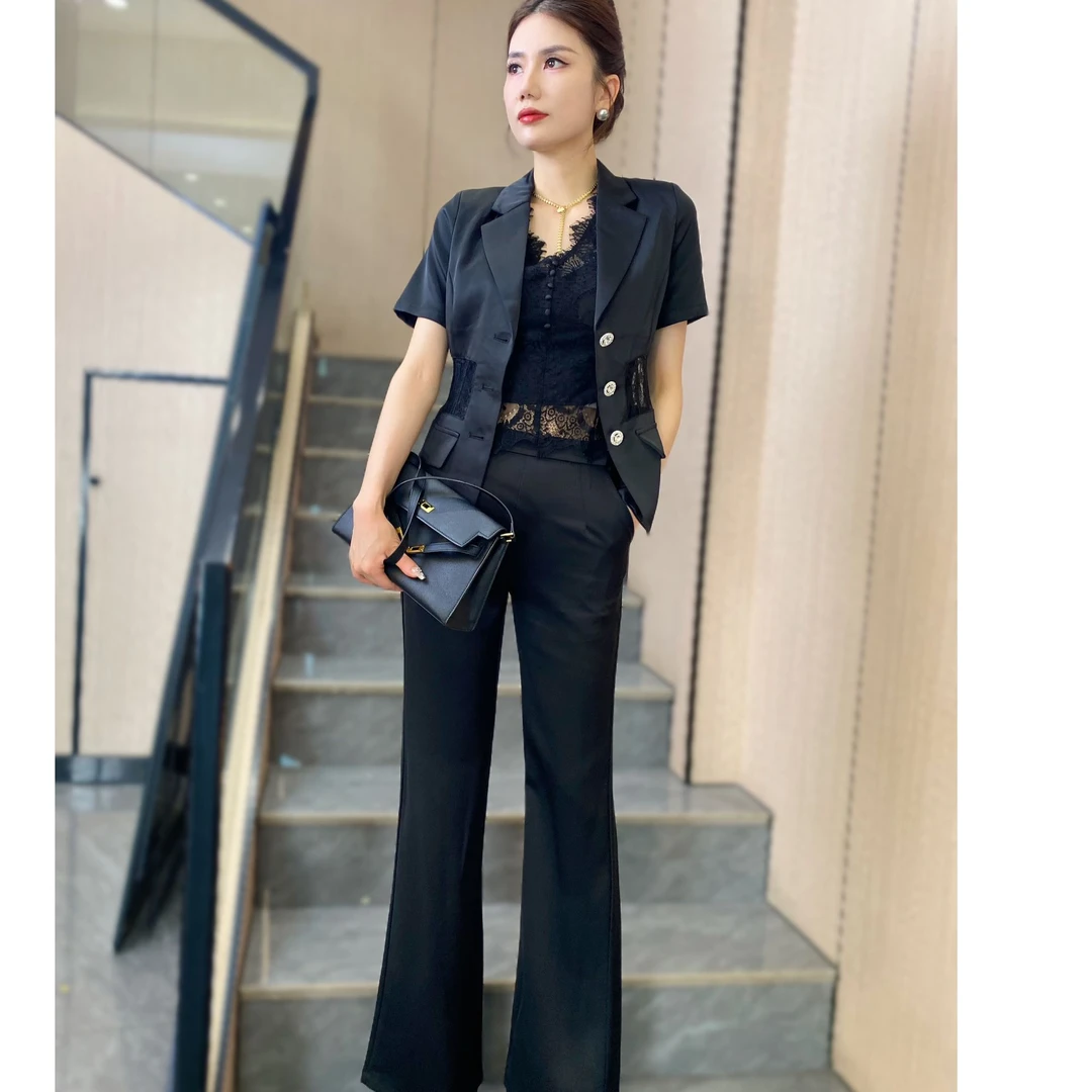 【JY】2025夏季新款蕾丝拼接短袖西装套装女气质显瘦直筒裤两件套