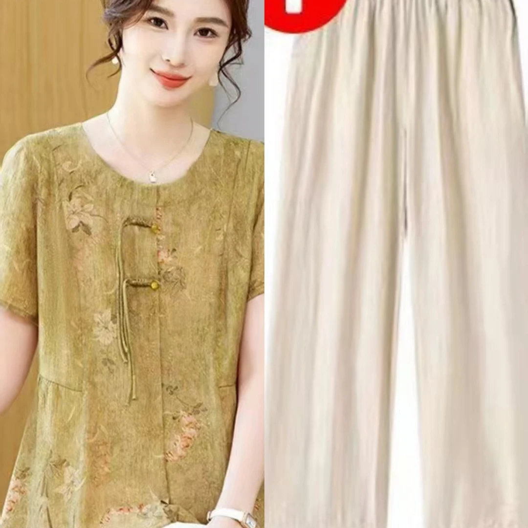 9281-夏季新款新中式流苏气质减龄短袖上衣妈妈装套装（艾维美）