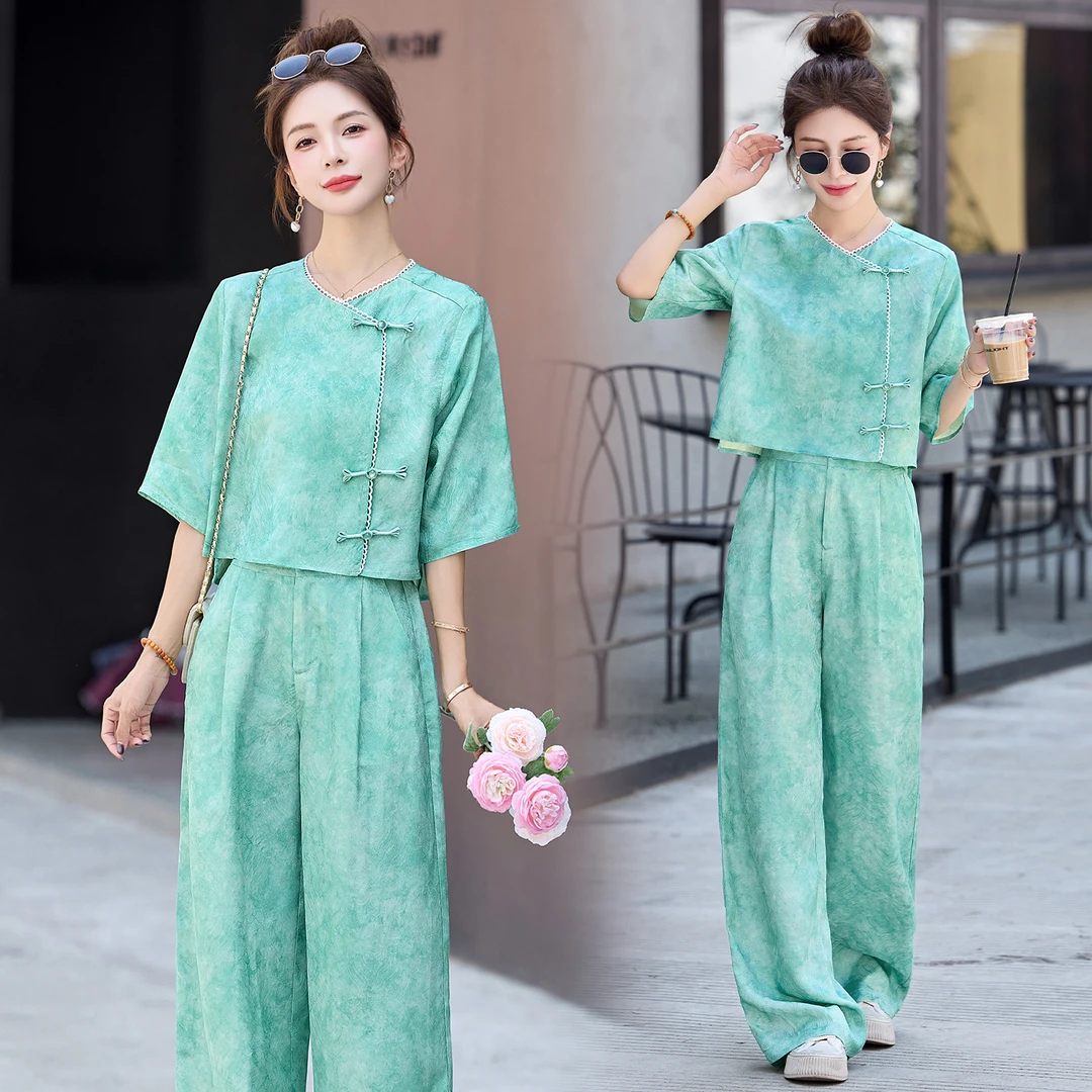 新中式国风提花晕染套装女2025夏季新款复古盘扣减龄阔腿裤两件套
