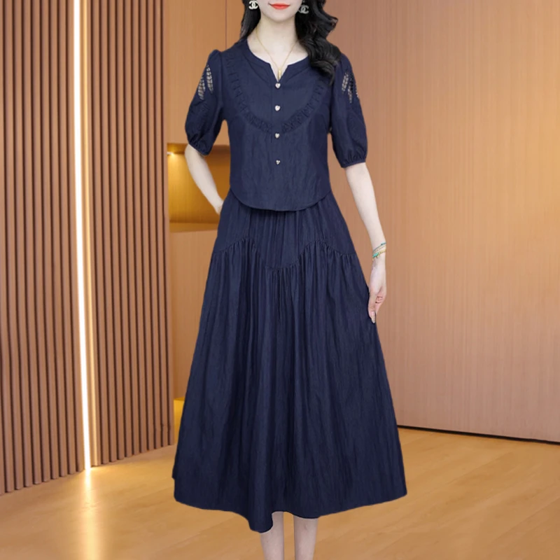 老钱风藏蓝色假两件裙子女士夏季新款高档洋气减龄妈妈显瘦短袖