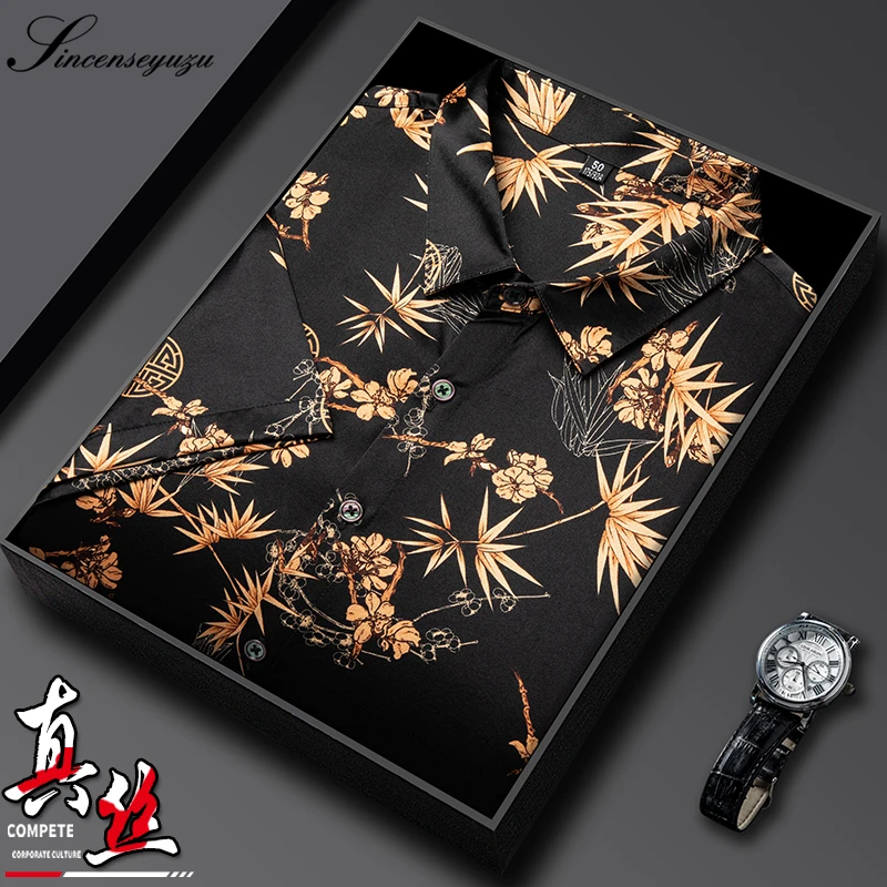 Incenseyuzu品牌男士衬衫轻奢高端桑蚕丝衬衣时尚印花真丝上衣服
