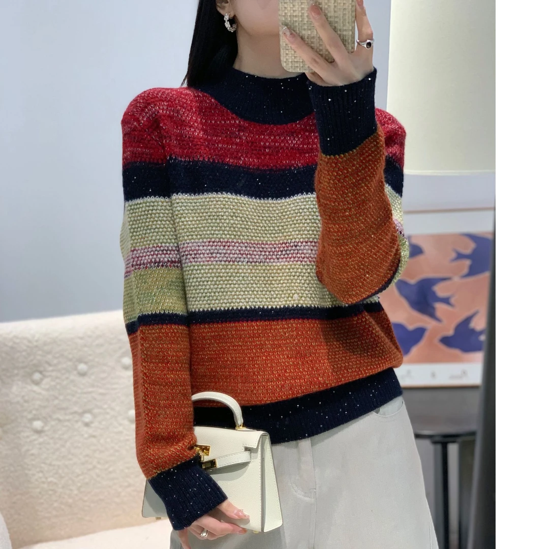 冬季新款时尚韩版撞色条纹亮片气质百搭减龄针织衫B245#