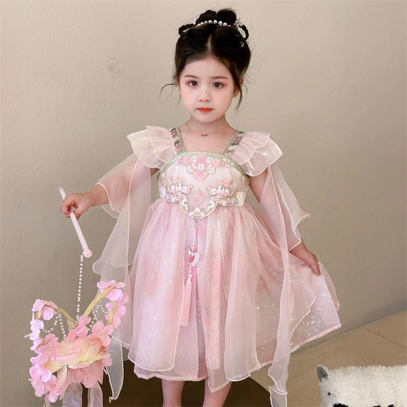 汉服女童夏装宝宝中国风粉白超仙襦裙女孩古装连衣裙儿童表演唐装