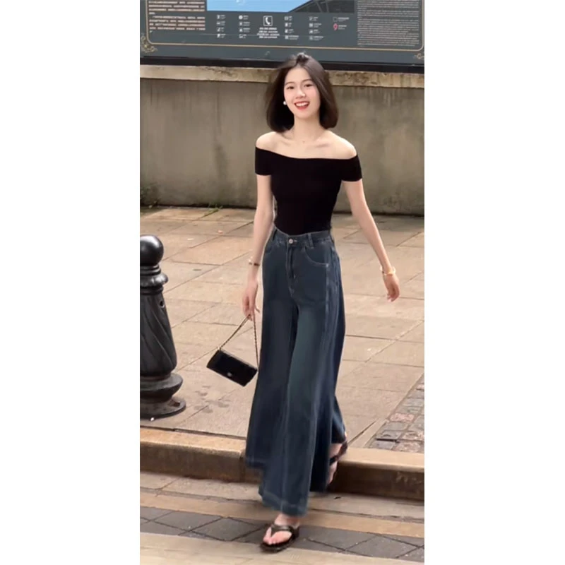 2025夏季新款设计感露肩小众网红上衣休闲简约时尚直筒宽松长裤女