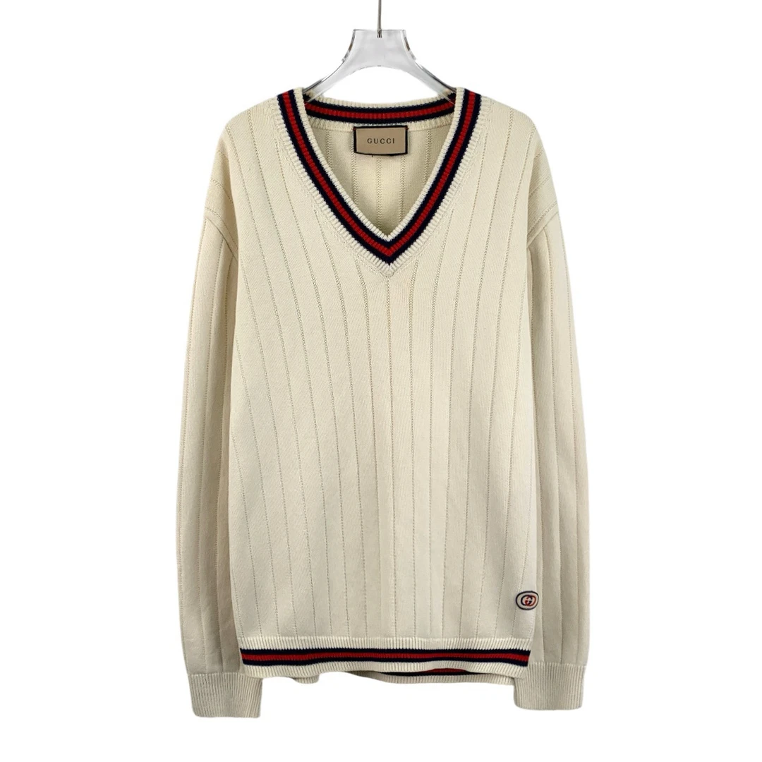 95新 GUCCI/古驰  DM0148  米白色条纹针织毛衣 XXL码