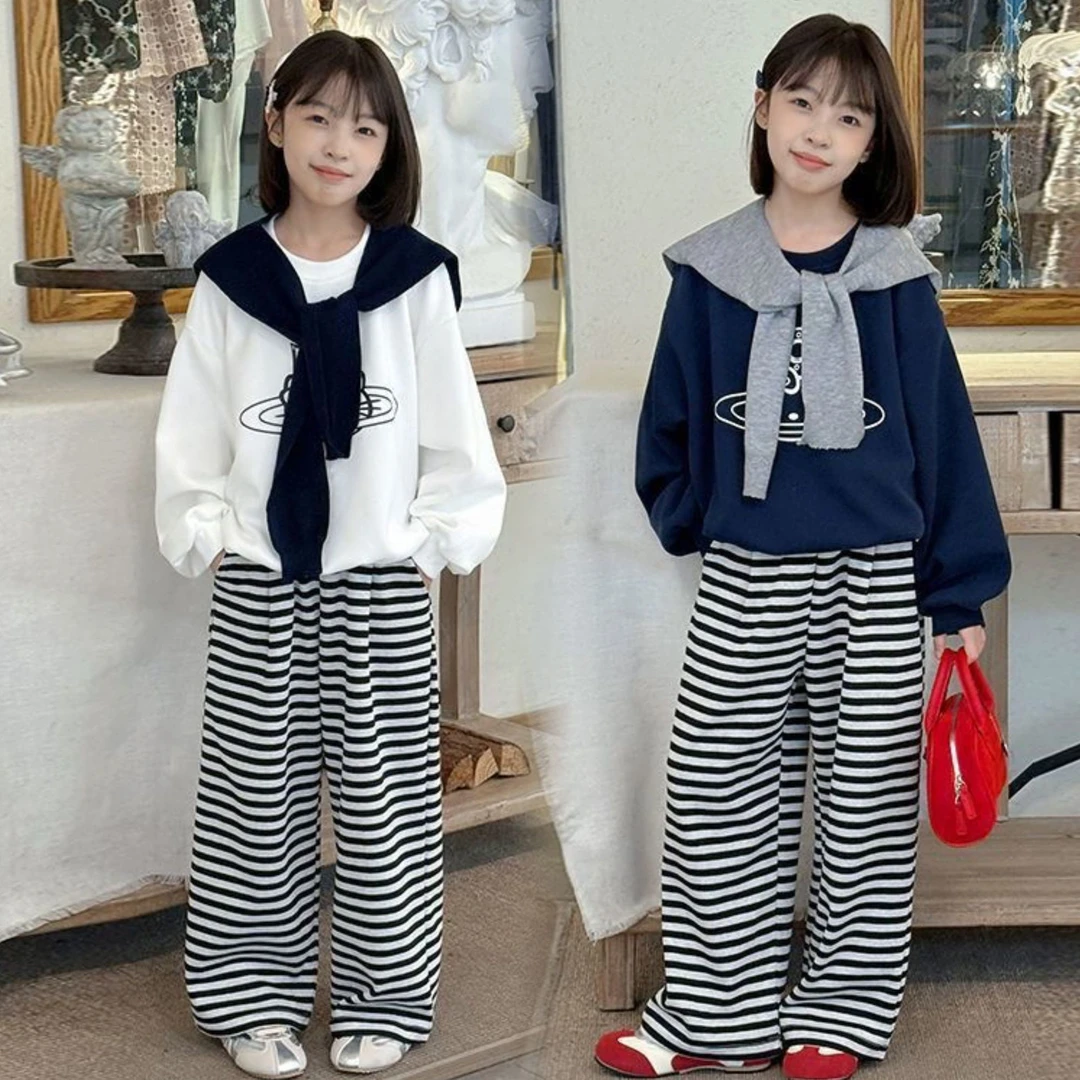女童春秋套装中大童休闲秋装2025洋气儿童新款披肩卫衣条纹三件套