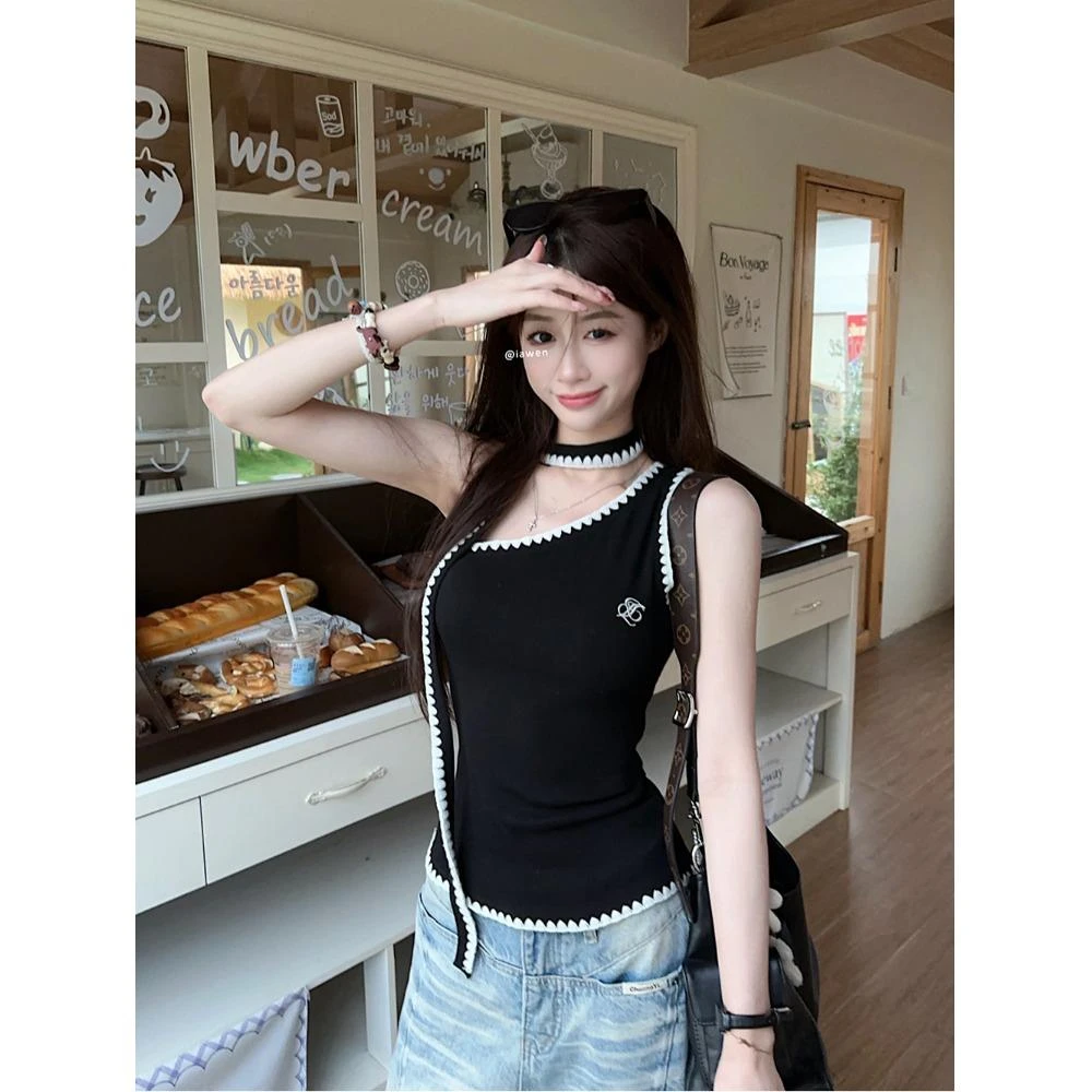 甜辣妹飘带撞色斜肩吊带背心女夏季字母刺绣修身显瘦针织无袖上衣