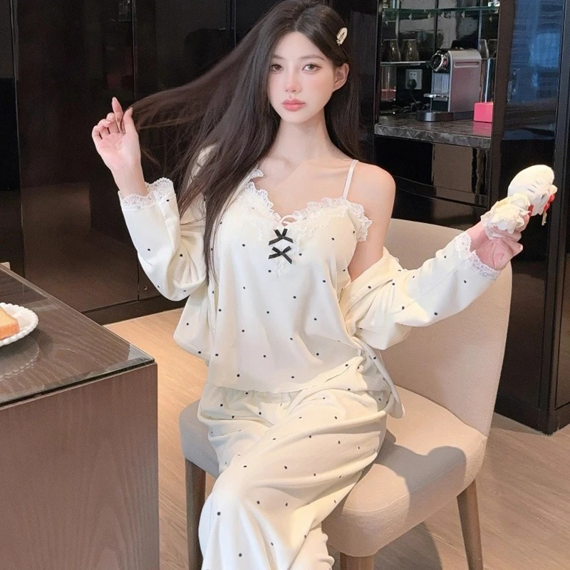 海岛绒睡衣女款纯欲三件套冬季保暖吊带胸垫加绒加厚可外穿家居服