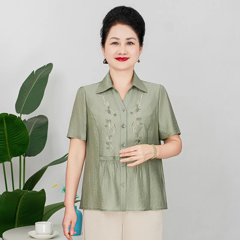 美学家女装新中式提花妈妈装气质大码小衫雪纺衫时尚B25836B