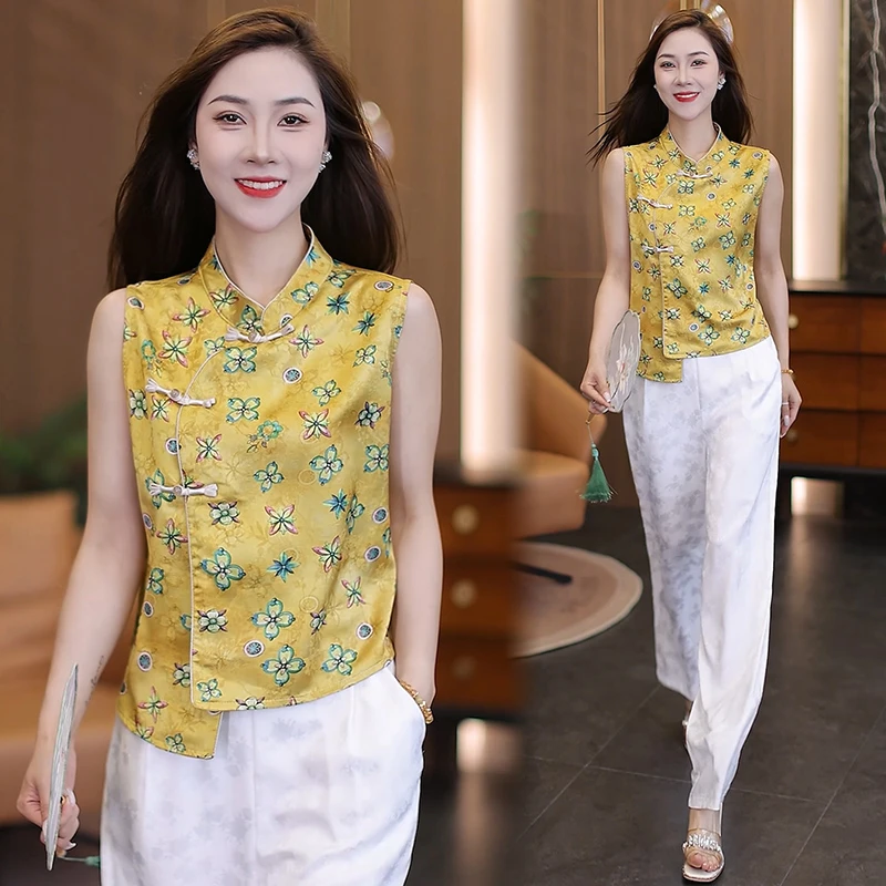 新中式国风套装女夏季洋气显瘦盘扣印花无袖上衣阔腿裤两件套2531