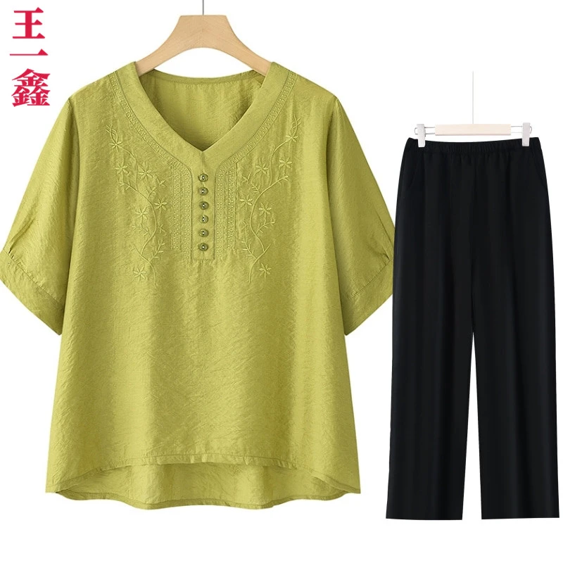 妈妈夏季洋气T恤+裤子套装国风中老年女装大码小衫宽松新中式女装