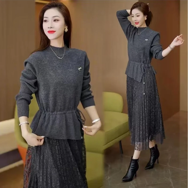 针织过膝连衣裙拼接蕾丝秋冬时尚新款时髦洋气中长款假两件打底裙
