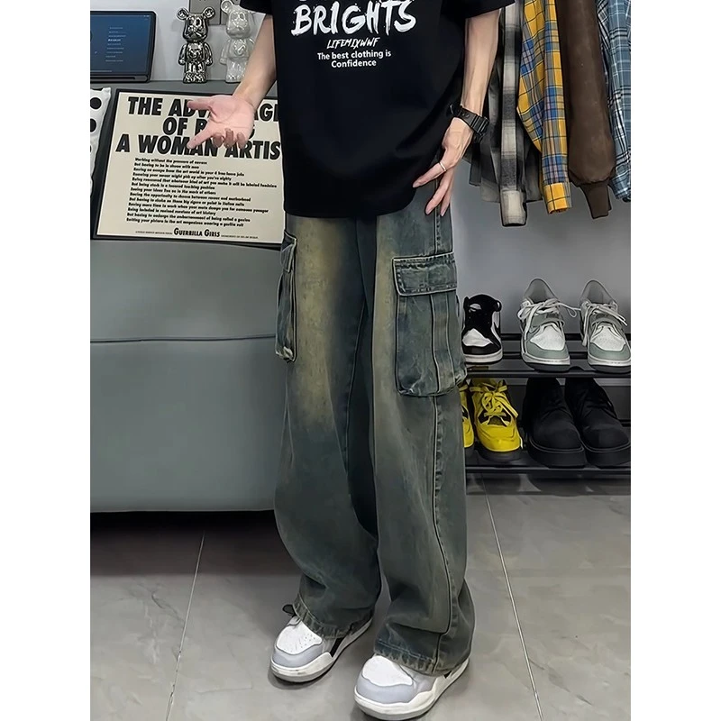 cleanfit复古蓝工装牛仔裤男秋季美式高街vibe裤子宽松直筒阔腿裤