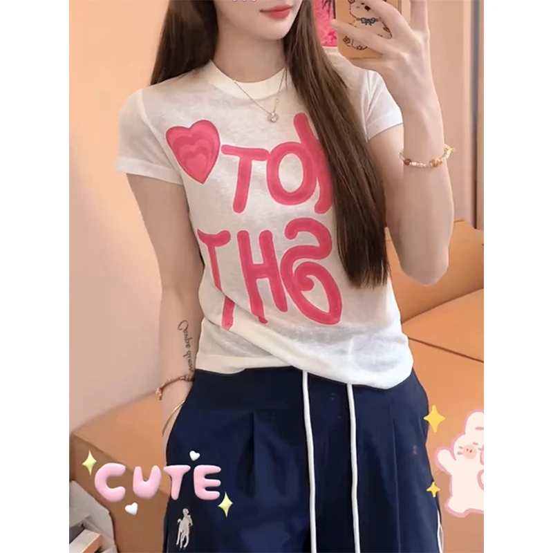 美式复古街头短袖t恤女夏季修身显瘦甜辣妹正肩短款印花上衣潮牌