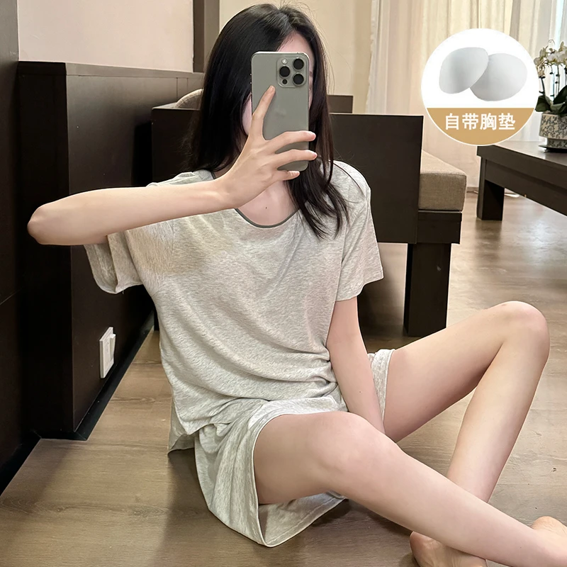 带胸垫夏季薄款短袖纯色睡衣女莫代尔2025新款简约休闲家居服套装