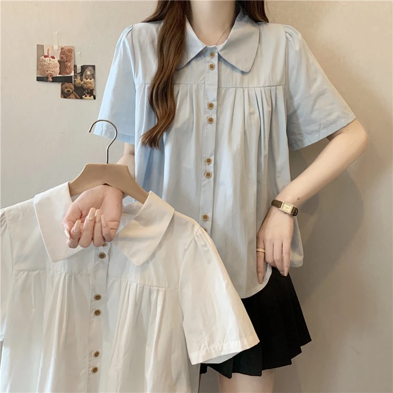 2025夏季新款法式温柔风设计感宽松短袖洋气衬衫上衣百搭娃娃领