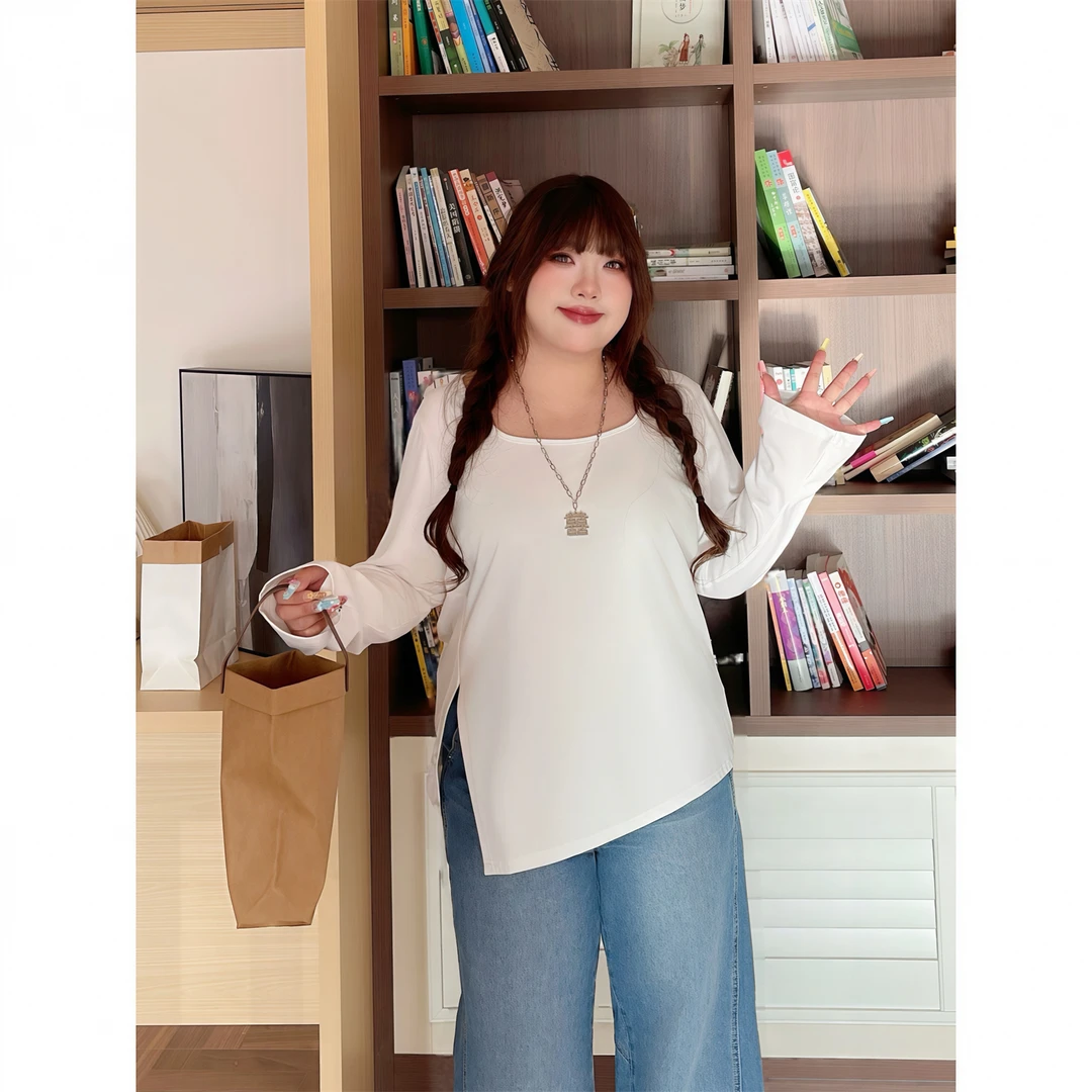 花契"阿姆斯特"大码女装秋季简约200斤胖mm优雅方领打底衫15760-C