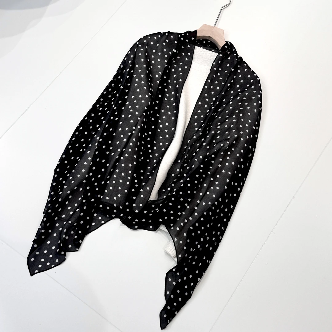 复古波点100%桑蚕丝丝巾乔其8姆米围巾披肩164cm*62cm高级感洋气
