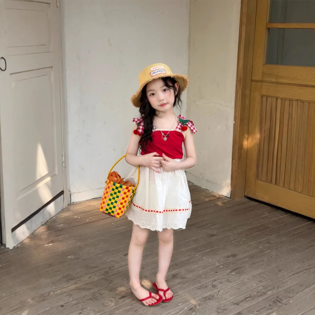 月2025夏季新款女童洋气儿童樱桃吊带背心织带花边半身裙两件套
