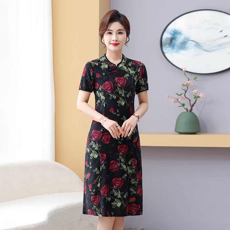 改良旗袍2025新款国风vintag气质印花长款日常可穿新中式连衣裙女