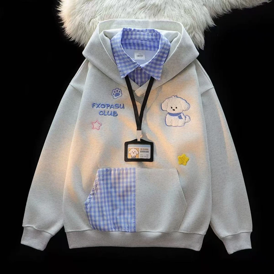 2025秋冬学院风美式慵懒chic格纹小狗刺绣连帽卫衣大码假两件上衣