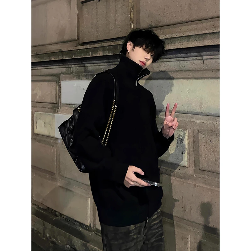 黑色半拉链高领毛衣男款冬季高级感内搭打底衫痞帅cleanfit针织衫