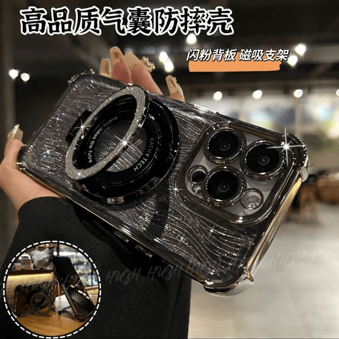 适用苹果16水波纹闪粉支架手机壳15promax透明13带镜头膜防摔13