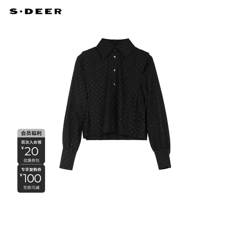 S·DEER圣迪奥小香风气质衬衣羊毛针织波点短款长袖衬衫S253Z0542