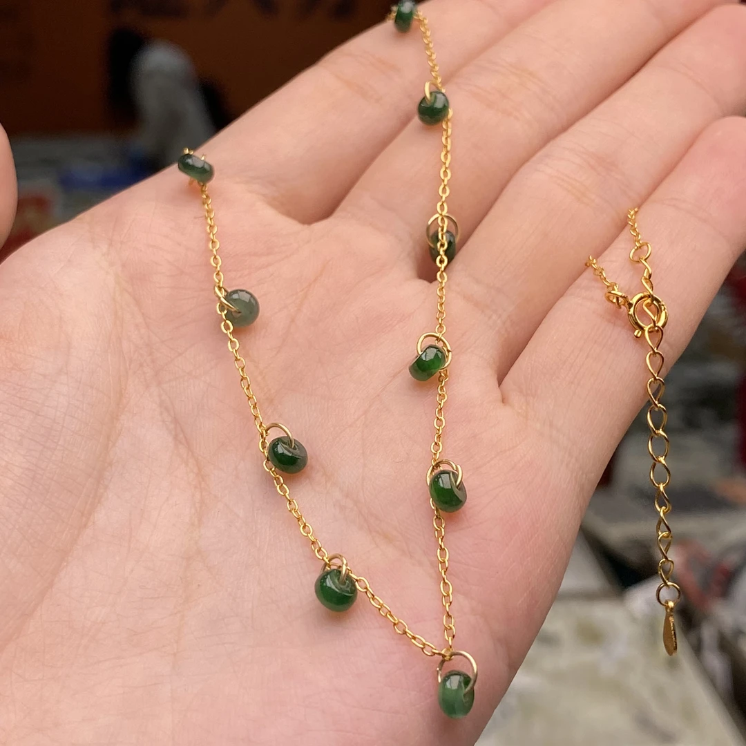 S925银镀金镶嵌蓝绿翡翠算盘珠满天星项链