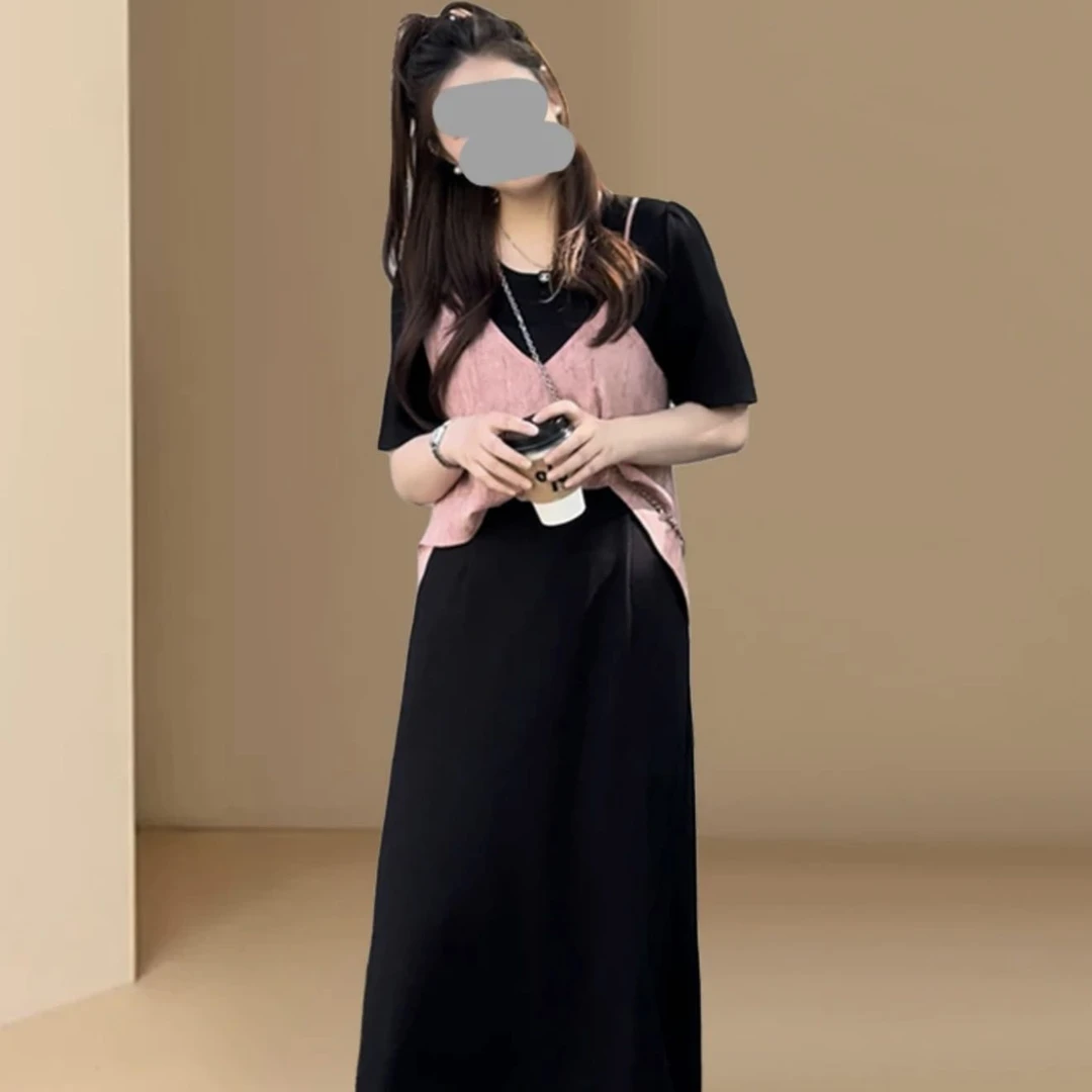 【甜甜推荐】假两件拼接大码连衣裙女夏季黑色长款裙子