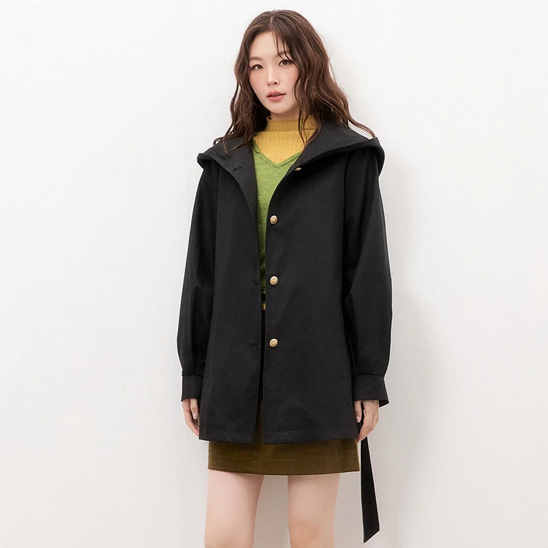 53RU0J0003宽松廓形连帽上衣单排扣风衣外套女2025秋