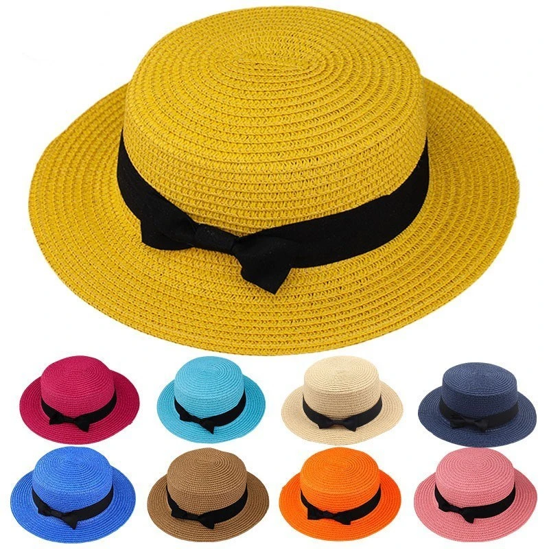 跨境欧美草帽夏季男女士防晒平顶蝴蝶结草编遮阳帽小礼帽沙滩帽子