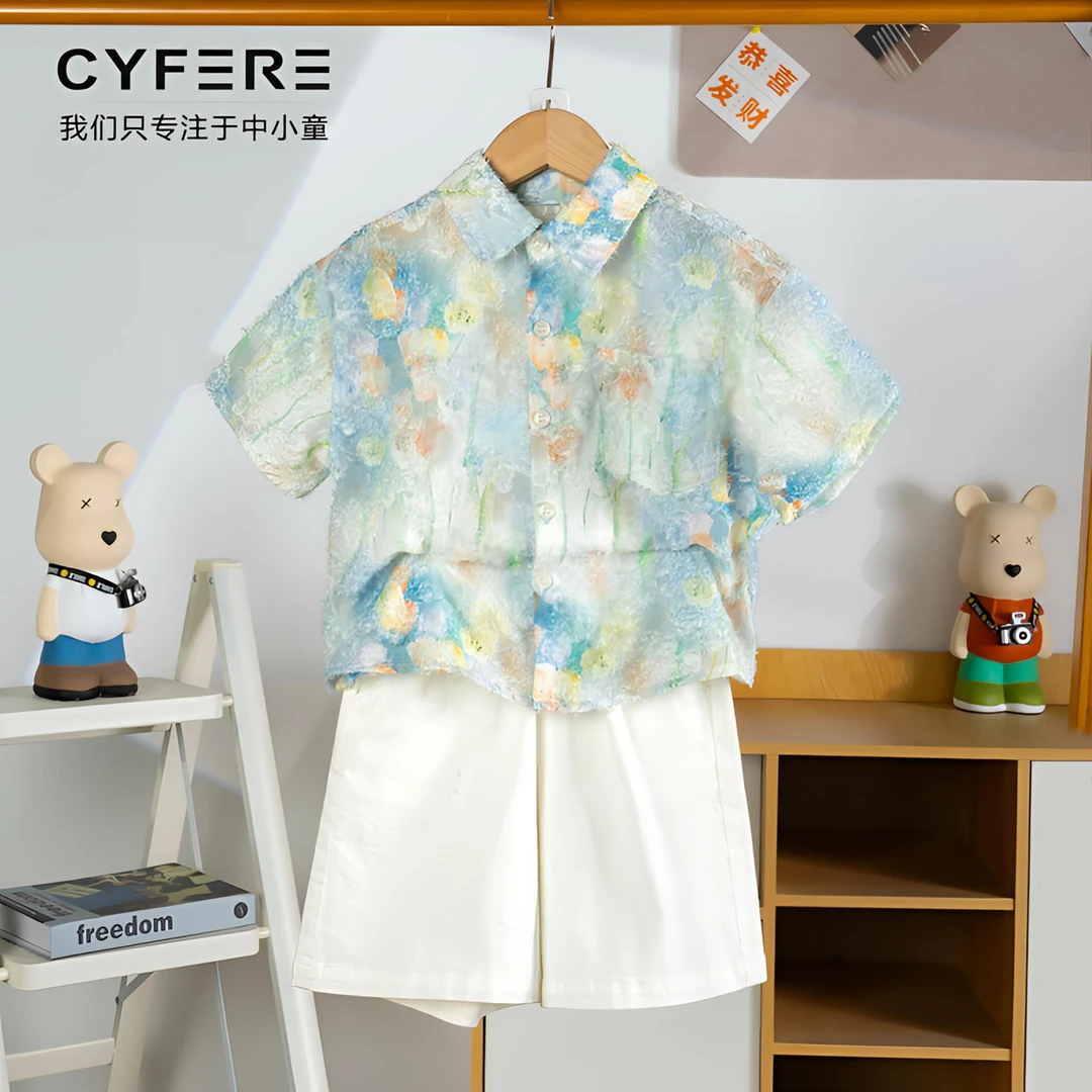 CYFERE【现货】男童衬衫夏季儿童休闲衬衫印花短袖T570510