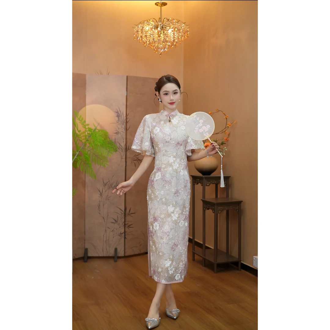 3531旗袍2025新款轻奢小众高端新中式粉色小个子短款礼服